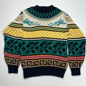 Vintage Colorful Patterned Heavy Knit Crewneck Sweater Size Large